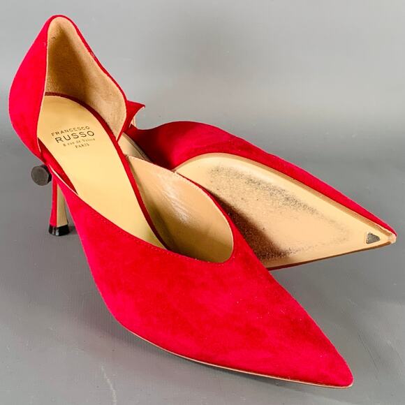 FRANCESCO RUSSO Size 7 Red Suede Pointed Toe D'Orsay Pumps - Picture 6 of 11